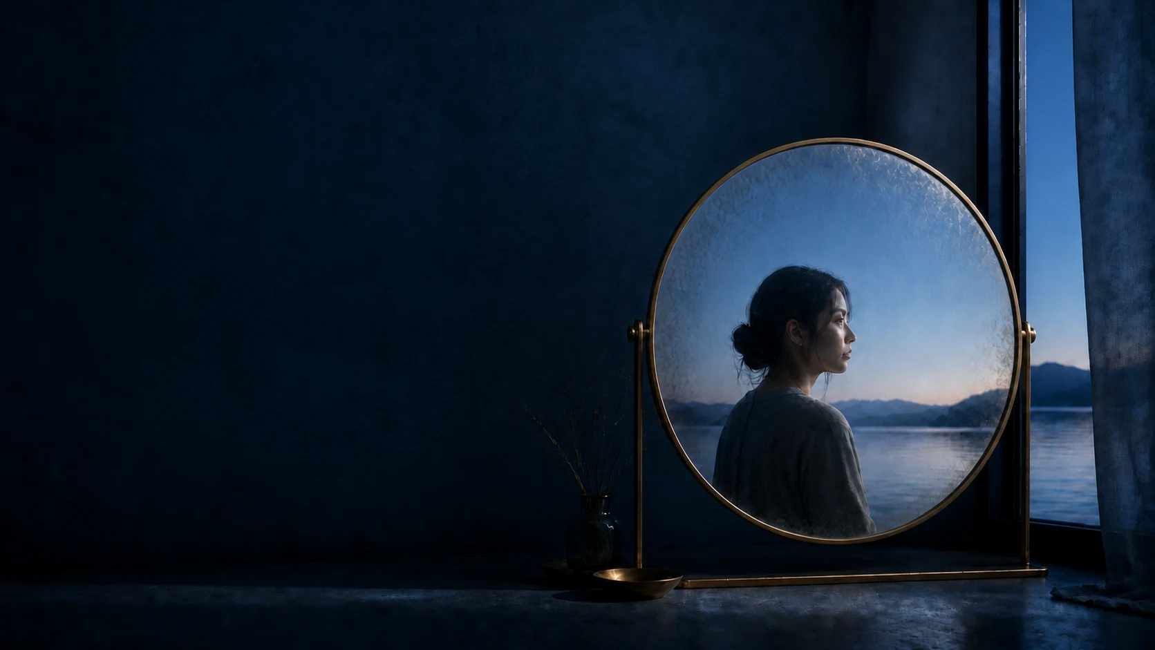夜の水辺を映す、丸い真鍮の鏡。鏡の中に、横を向いた女性が映っている。